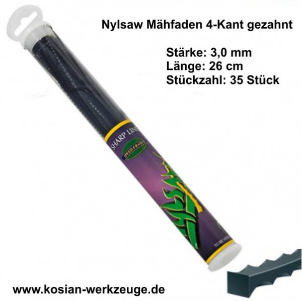 Nylsaw Mähfaden 4-​Kant gezahnt 3,0 mm 26 cm 35 Stück